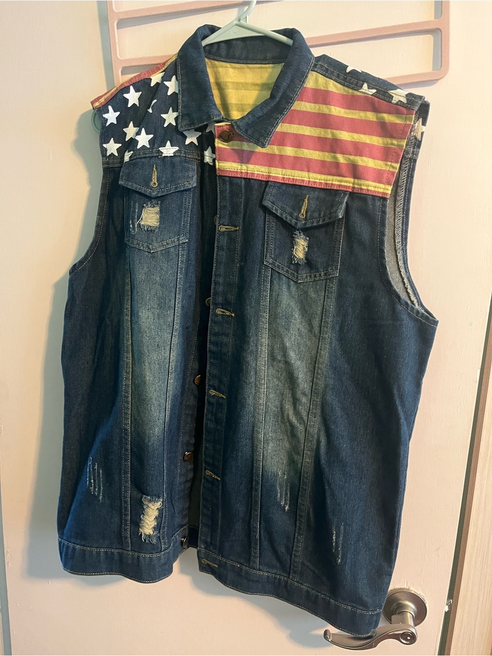 Amazon Men's Dark Blue Denim Sleeveless Vest with Red, White Stars & Stripes